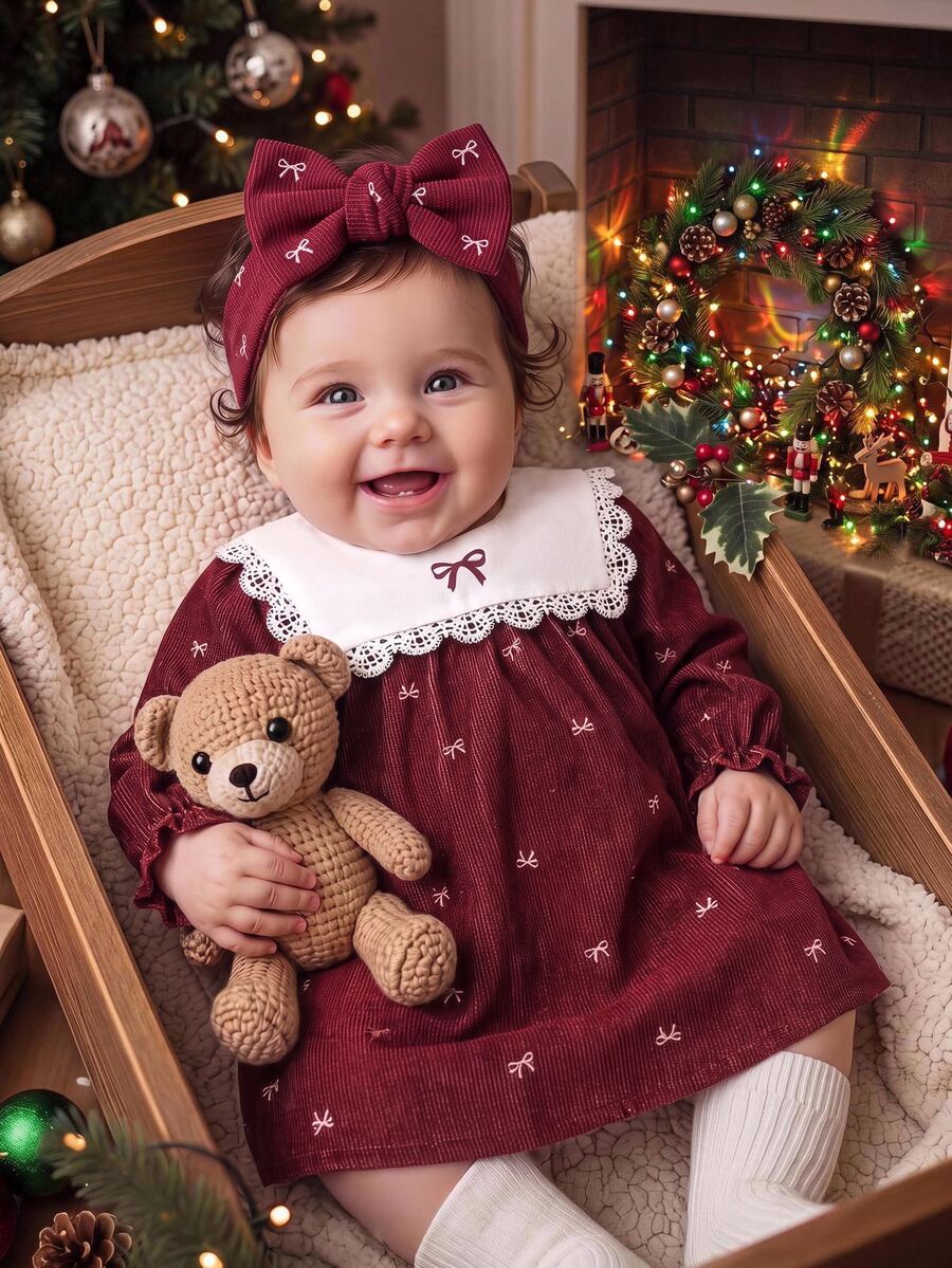 SHEIN Newborn Baby Boy Baby Girl Casual Comfortable Versatile Cute Red Colorblock Bow Pattern Long Sleeve Dress - Burgundy - View 1