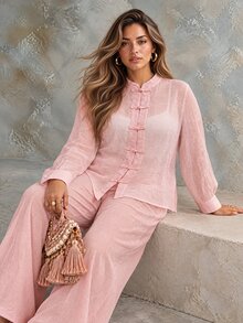 Ceyna Women's Plus Size Autumn Stand Collar Frog Button Waist-Cinching Long Sleeve Casual Blouse For Date, Party And Commute - Pink - View 5
