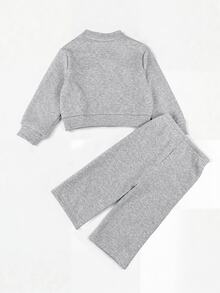 SHEIN 女嬰針織純色棒球領寬鬆休閒夾克與直筒長褲2件套 - 藏蓝色 - 查看 2