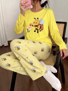 SHEIN 女款卡通印花長袖上衣與長褲休閒居家睡衣套裝 - 彩色 - 查看 1