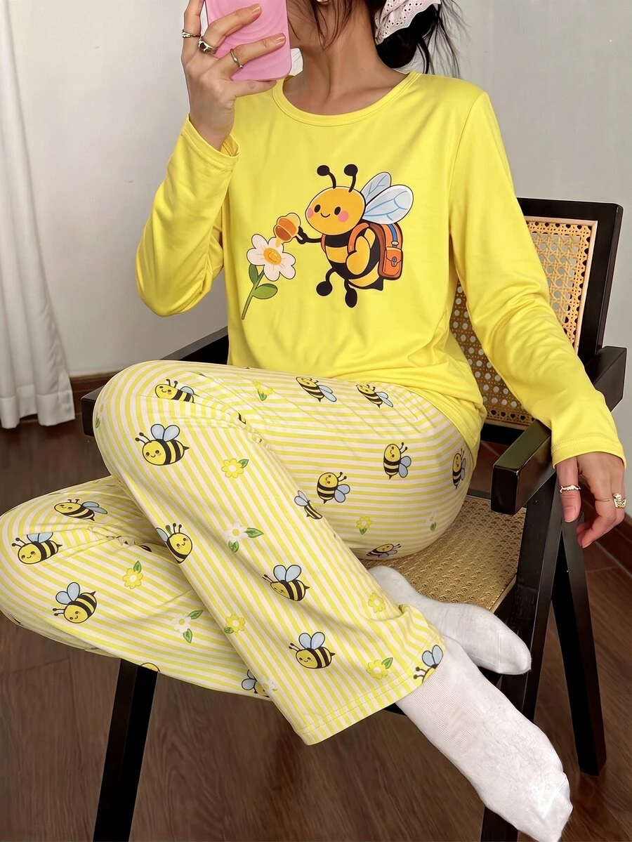 SHEIN 女款卡通印花長袖上衣與長褲休閒居家睡衣套裝 - 彩色 - 查看 1
