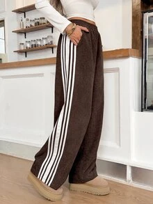 Easowa Celana Panjang Kasual Longgar Wanita Motif Garis-Garis dengan Blok Warna dan Saku - Coklat - View 1