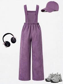 SHEIN 青少年女孩抓絨秋季服飾 秋冬/冬季 羅紋燈芯絨 可調扣彈性腰連身褲，適合秋冬穿著，日常穿搭 - 紫色 - 查看 2