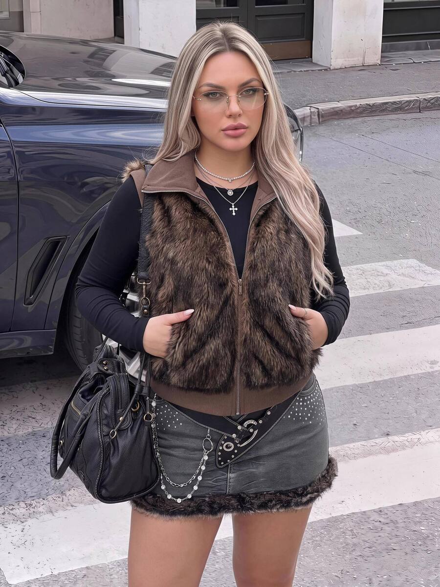 SHEIN ICON سترة فرو صناعي أنيقة للنساء بمقاسات كبيرة مع سحاب أمامي وجيوب - بني مخاوي - مشاهدة 1