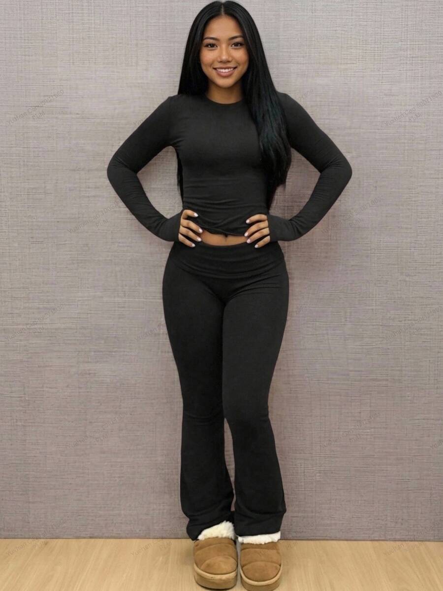 SHEIN Teen Girls T-Shirt Co-Ords Autumn/Winter Round Neck Long Sleeve T-Shirt With Ruched Waist And Flared Pants, Basic Layering Y2K 2 Pieces Set - Black - View 1
