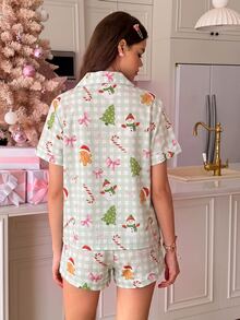 SweetSlumber Women's Christmas Gingerbread Man Bow Plaid Print Lapel Short Sleeve Shorts Pajama Set - Multicolor - View 2
