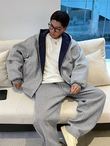 DAZY Autumn/Winter Gray Thermal Lined Contrast Color Patchwork Men's Hoodie Sweatshirt Set - Grey - View 2
