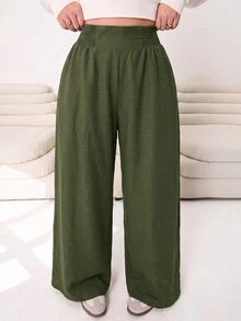 SHEIN CURVE+ 大尺碼女款純色抽繩腰寬腿寬鬆長褲 秋季 - 軍綠色 - 查看 4