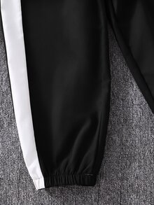 SHEIN 兒童青少年男孩對比側縫插肩袖拉鍊夾克與慢跑運動長褲套裝 - 黑色 - 查看 7