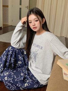 Dazy Plus Ditsy Floral Long Sleeve Loose Tank Top & Straight Leg Long Pajama Pants 2-Piece Sleepwear Set - White - View 5