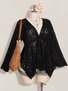 SHEIN ICON 大尺碼前綁帶V領不對稱下擺喇叭袖針織提花上衣，仙女風復古Y2K秋季上衣 - 黑色 - 查看 8