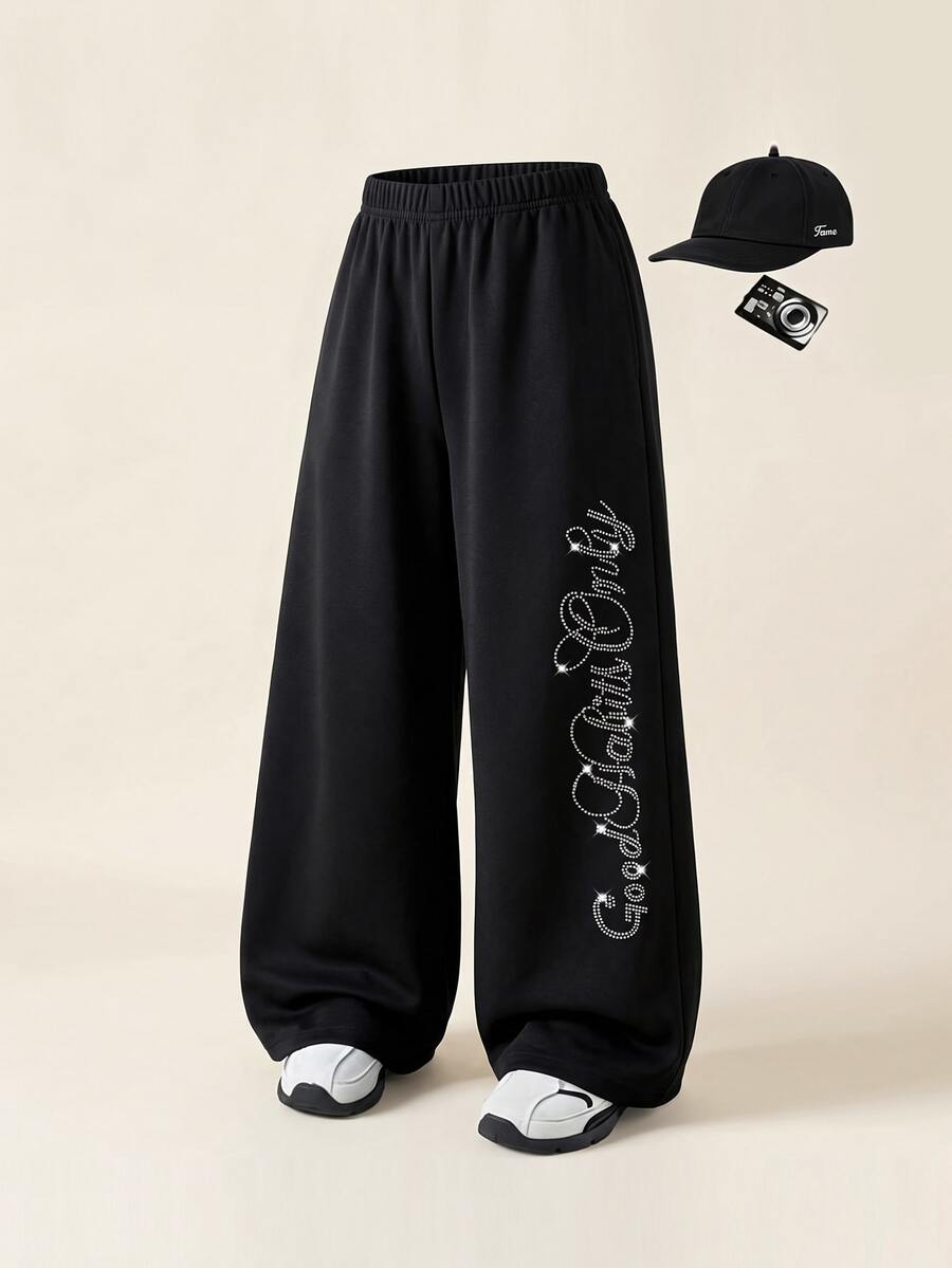 SHEIN Elladie kids 女童黑色字母水鑽裝飾彈性腰寬腿長褲,休閒寬鬆日常街頭穿搭長褲 - 黑色 - 查看 1