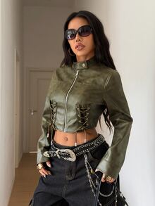 StreetHx Vintage Western FauxLeather 2 Pieces Set, LaceUp Cropped Jacket + LowRise Mini Skirt - Coffee Brown - View 3