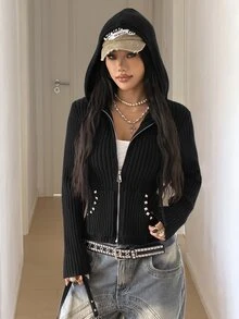 StreetHx Women's Studded Decor Zipper Casual Daily Outing Hooded Cardigan - Black - View 4