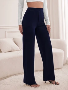 SHEIN Tall 斜口袋直筒長褲，高個女性適用 - 藏蓝色 - 查看 3