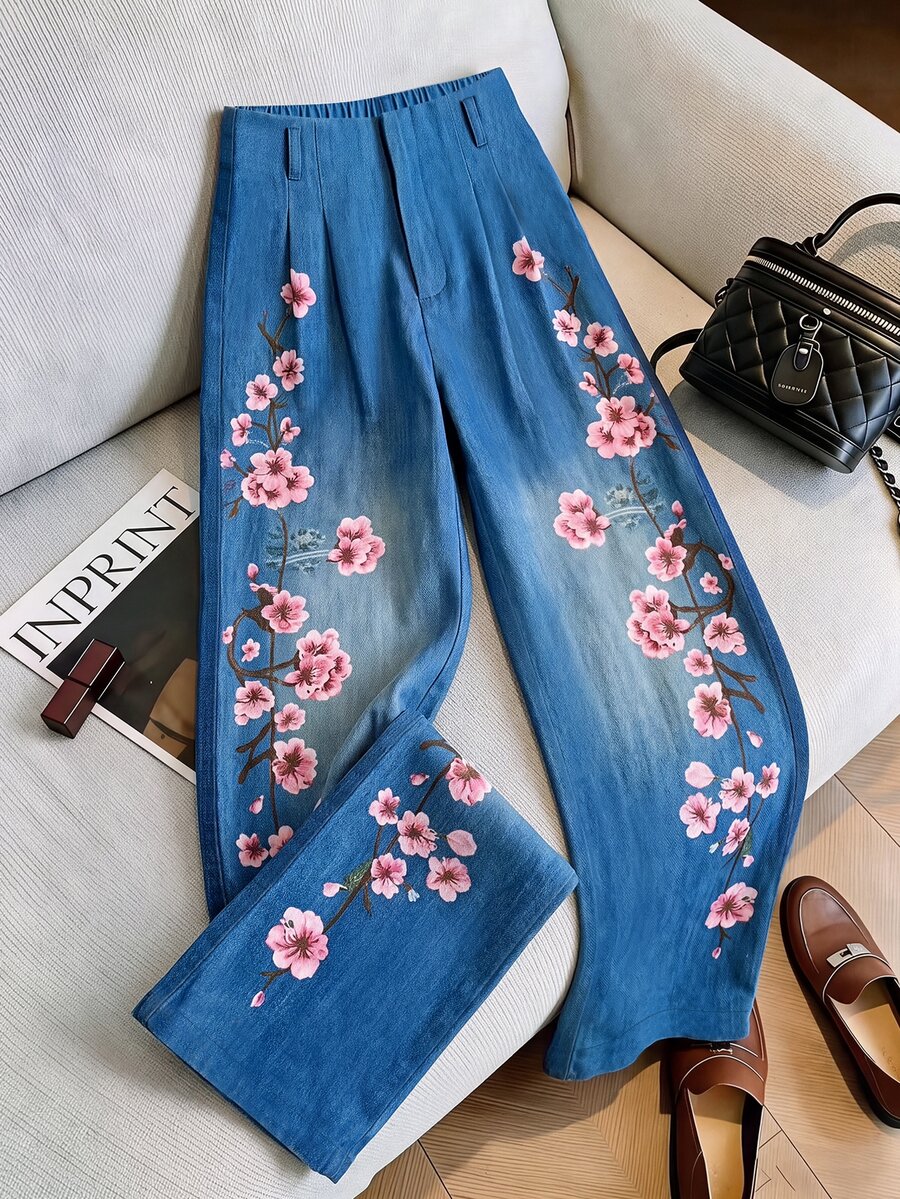 SHEIN Franclia 女款花卉印花休閒日常穿著長褲 - 藍色 - 查看 1