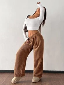 SHEIN PETITE 女款秋冬街頭時尚休閒復古燈芯絨紋理寬鬆長褲，適合嬌小女性，上班辦公，濃縮咖啡棕色 - 卡其色 - 查看 4