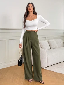 SHEIN Tall 女款黑色高腰寬腿長褲，優雅商務休閒上班西裝褲，高挑百搭純色秋冬老錢風正裝褲 - 軍綠色 - 查看 4