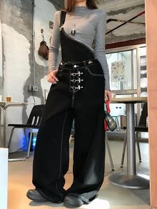 DAZY Women's 3D Button Decor Asymmetric Shoulder Casual Denim Overalls And Jumpsuit - Black - View 2