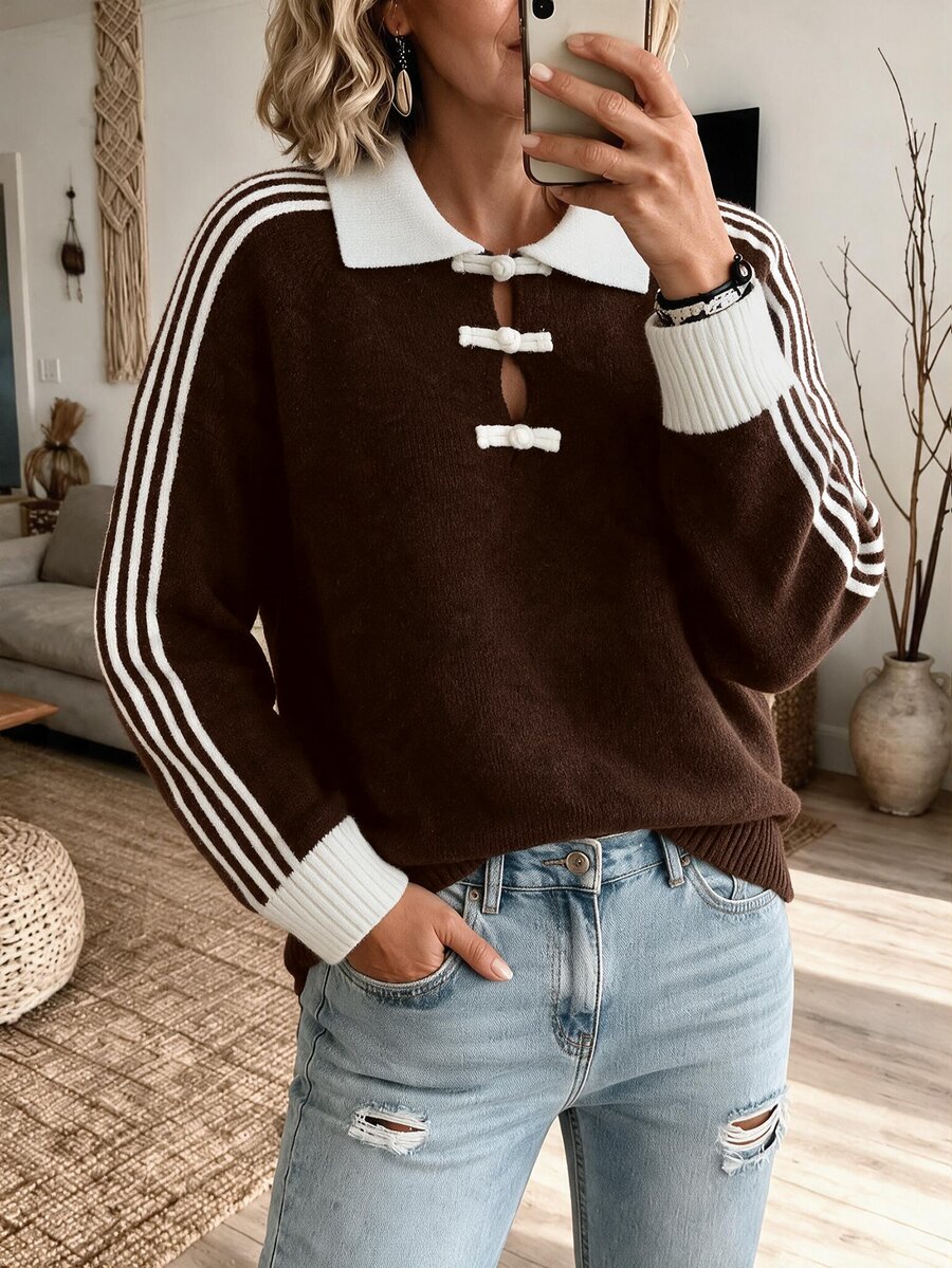 Breezaya New Chinese Style Casual Relaxed Vintage Lapel Frog Button Half-Open Front Women's Sweater - Coffee Brown - View 1