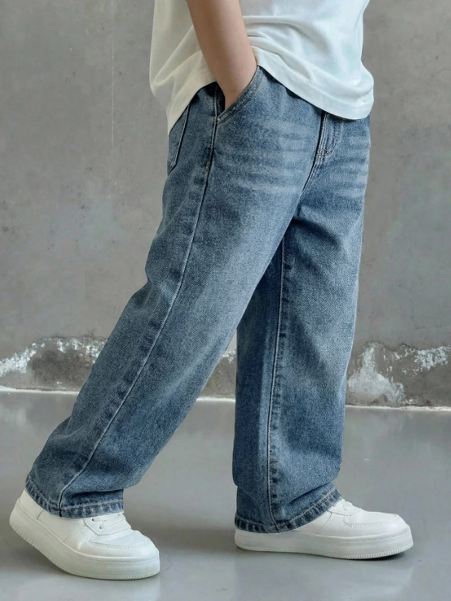 SHEIN 小男孩寬鬆直筒藍色牛仔長褲 - 中等水洗藍 - 查看 1