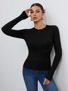 SHEIN Tall 女款三件組圓領休閒修身長袖T恤套裝 春秋冬 高身長返校穿搭 黑灰白 - 彩色 - 查看 10