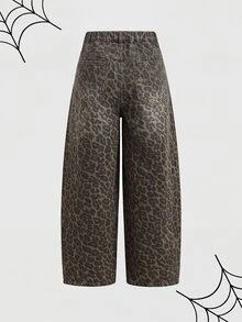 SHEIN PETITE CURVE 大尺碼女款豹紋寬腿男友牛仔褲，秋季女裝 - 彩色 - 查看 2