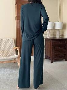 DAZY طقم ملابس نوم نسائي كاجوال يومي للمنزل بتصميم ذكي، ملابس علوية بأكمام طويلة وبنطال - أزرق بحري - مشاهدة 2