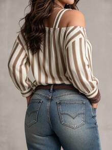 Weeklong Women's Plus Size Autumn/Winter Casual Asymmetrical Shoulder Long Sleeve Brown Striped Print Loose Blouse - Multicolor - View 2