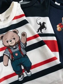 SHEIN 3件組幼兒男童套頭上衣，可愛海軍藍紅配色熊馬條紋羅紋印花長袖圓領，柔軟派對冬季節日款 - 彩色 - 查看 5