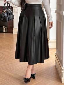 Dazy Plus Black High Waist Pleated A-Line Full Skirt Elegant Commute Faux Leather Fashion Long Skirt Outfit - Black - View 3
