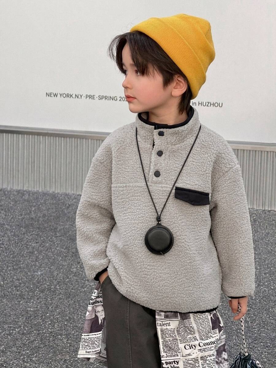 Dazy Kids Young Boys Lambswool Contrast Patchwork Casual Loose Thick Autumn/Winter Sweatshirt - Grey - View 1
