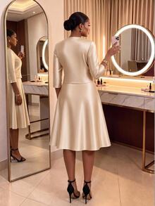 SHEIN Lady CURVE Plus Size Women Solid Color Dress And Cardigan Casual 2 Pieces Set - Gold - View 2