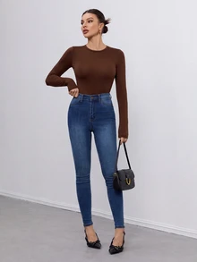 SHEIN Tall 女款三件組圓領休閒修身長袖T恤套裝 春秋冬 高個子返校穿搭 黑灰白 - 彩色 - 查看 7