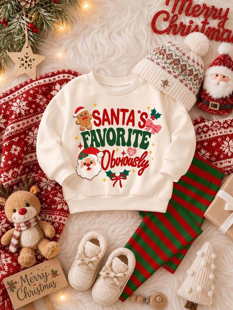 100% Santa's Favorite Obviously Santa's Favorite Little Helper 女孩聖誕搖粒絨運動衫與刷毛布料內搭褲套裝,舒適氛圍節慶派對穿搭 - 彩色 - 查看 1