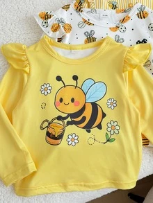 SHEIN 4件組女嬰幼兒女童T恤上衣，可愛黃色蜜蜂花卉條紋波點設計，長袖荷葉邊圓領，休閒派對款，適合秋季假期 - 彩色 - 查看 6