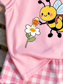 女童短袖上衣 蜜蜂花卉印花 黃色白色 夏季可愛款 1件裝 - 粉色 - 查看 3