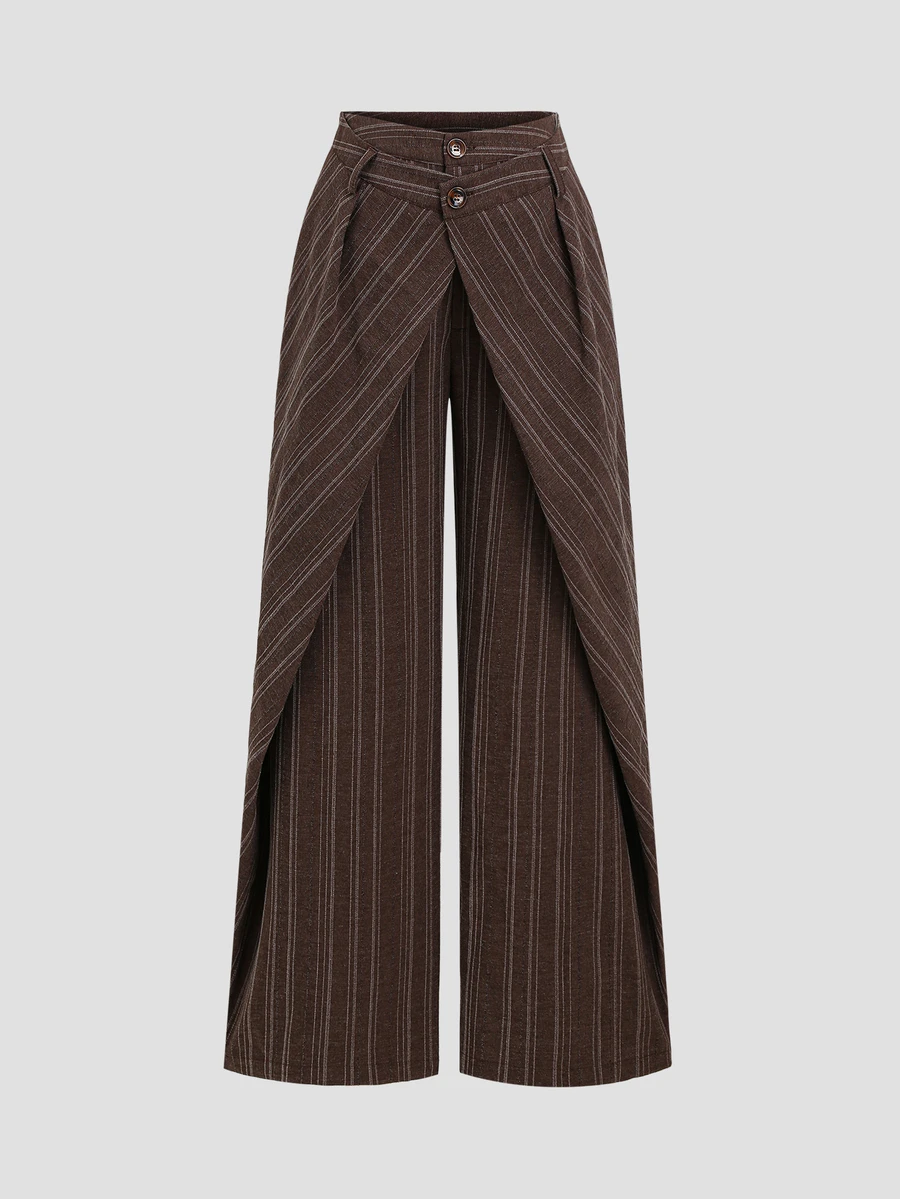 Sweetra Striped Loose Straight Leg Women's Commuter Suit Pants - Brown - View 1