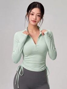 DAZY 秋季韓式立領長袖收腰彈性薄荷綠休閒瑜伽修身女款運動T恤 - 薄荷綠 - 查看 2