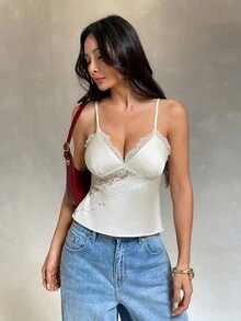 SHEIN PETITE Spring/Summer Vacation Solid Color Woven Contrast Lace Camisole Tank Top For Women - Beige - View 3