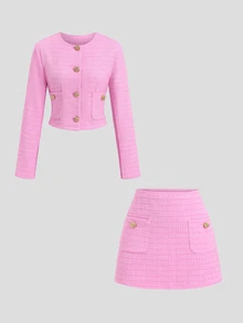 Sweetra Women's Plaid Single-Breasted Long Sleeve Jacket And Mini Skirt Suit Set Office Tea Party Pink Elegant - Pink - View 4