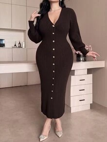 Feyla Women's Plus Size Solid Color Long Sleeve Single-Breasted Fitted Elegant Knit Dress - Coffee Brown - View 7