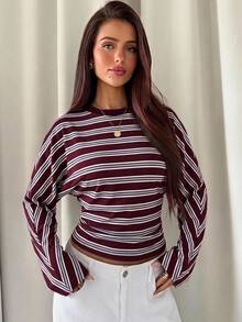 Aloruh Women's Striped Round Neck Batwing Long Sleeve Casual T-Shirt - Burgundy - View 1