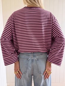 SHEIN EZwear Women's Striped Round Neck Long Sleeve Casual Loose Fit T-Shirt - Multicolor - View 2