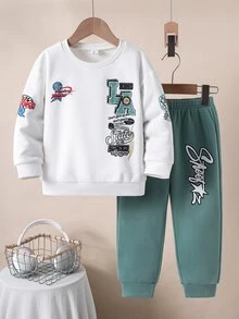 SHEIN Setelan Kasual Anak Laki-Laki: Kaos Lengan Panjang dan Celana dengan Motif Huruf - MultiWarna - View 7