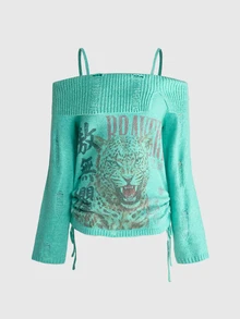 ROMWE Y2K Dark Punk Distressed Design Cross & Text Waist-Cinched Off-Shoulder Camisole Sweater - Mint Green - View 1