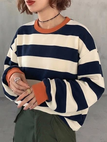 FRIFUL 女款圓領條紋拼接休閒百搭日常穿著圖案T恤 - 藏蓝色 - 查看 2