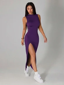 SHEIN PETITE 女士優雅性感休閒開衩洋裝，輕盈夏季女款洋裝，適合嬌小女性夜生活外出穿著，純黑色 - 紫色 - 查看 6