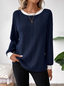 SHEIN LUNE 2024秋冬女款新款Merlet色圓領衛衣，長袖上衣，秋季女裝，米色休閒早午餐穿搭 - 藏蓝色 - 查看 5