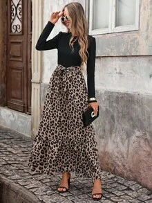 Brillora Women's Round Neck Long Sleeve Patchwork Leopard Print Ruffle Hem Elegant Dress, Winter Dress, Going Out,Black And Leopard Print Patchwork,Fall/Winter - Multicolor - View 1